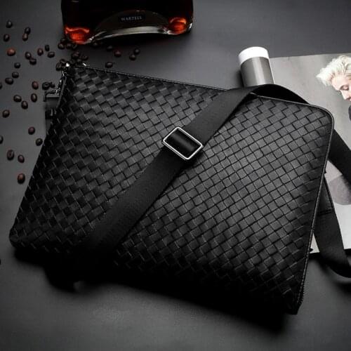 Wmnuo 100% Sheepskin Clutch Wallet Men Genuine Leather Handbags Handmade Knitting Soft Leather Large Capacity Male Shoulder Bags