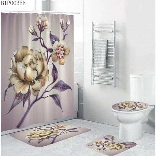 Beautiful Flowers Toilet Cover Bath Mats Fabric Shower Curtain Flower Branch Bathroom Curtains Set Pedestal Rug Non-slip Carpet