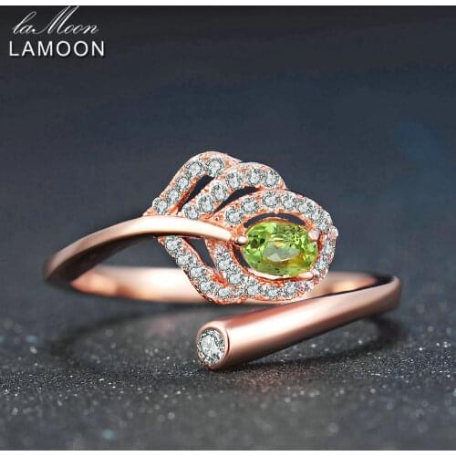 LAMOON Classic Leaf 100% Natural Oval Green Peridot 925 Sterling Silver Ring Women Jewelry S925 Rose Gold Plated LMRI055