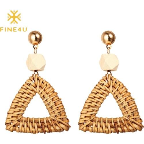 FINE4U E290 Lightweight Rattan Knit Dangle Earrings Bohemia Straw Wicker Braid Woven Geometric Statement Earring Bamboo Jewelry