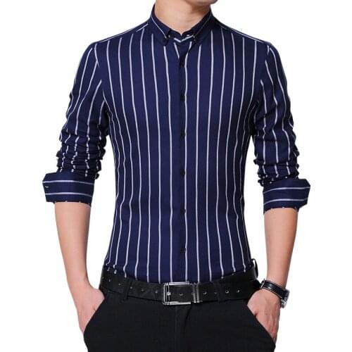 Plus Large Size M-5XL Mens Clothing Business Casual Long Sleeved Shirts White Blue Classic Striped Male Social Dress Shirts