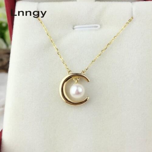 Lnngy 18K Yellow Gold Necklace Natural Cultured Freshwater Pearl Moon Pendant Woman Wedding 5.5-6mm Pearl Engagement Lover Chain