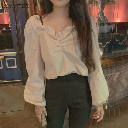 Shirts Women Vintage Fashionable French V-Neck Long Sleeve Elegant Streetwear Casual Solid Simple Stylish Korean Style Autumn