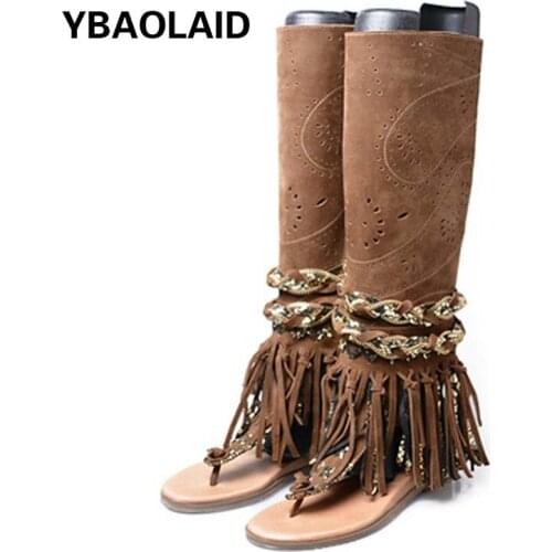 Flip-toe Frosted Cowhide Hollowed Inner Heightening Small Slope with Flat Tassels and Thin Strap Combination Roman Sandals