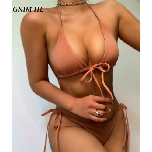 GNIM Sexy Triangle Bandage Micro Bikini Swimwear Women 2 Piece Beachwear Solid String Swimsuit Female High Cut Swim Suit Biquini