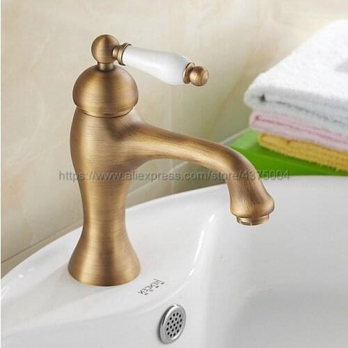 Deck Mounted Single Handle Hole Bathroom Sink Mixer Faucet Antique Brass Hot and Cold Water Mixer Tap Nnf102