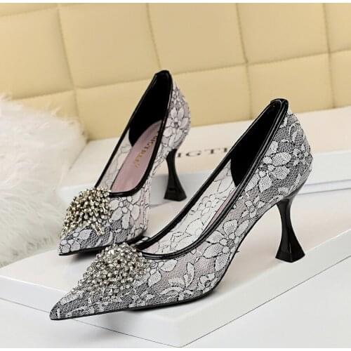 BIGTREE Sexy Mesh Rhinestone Patchwork High Heel Shoes Glittering Heels Pumps Bling Bling Crystal Wedding Dress Shoes Bride