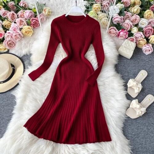 2020 Vintage Solid Slim Knitted Dress Autumn Winter Bottoming Sweater Midi Dress Women a-line High waist Vestido elegant dress