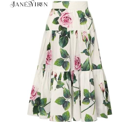 Jianyiren Summer Women Rose Floral-Print Elegant skirt