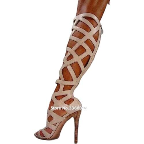 European Street Fashion Womens Strappy Knee High Heel Gladiator Sandals Boots Unique Summer Shoes Open Toe Back Zipper Pumps