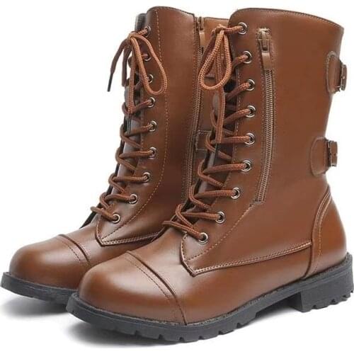 2021 Women Cross Tied Brown Black Leather Boots Spring Autumn Waterproof Side Zipper Closure Full Cover Shoes with Platform