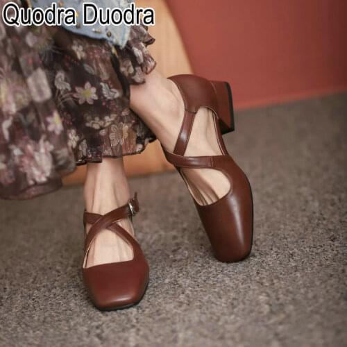 New Women Pumps fashion chunky thick high heels Square Toe buckle Shoes elegant Office Career brown Plus Size 43 33-46 solid