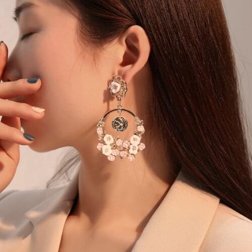 Retro Circle Yellow White Pink Blue Hollow Flowers Golden Silver Plated Circles Alloy Women Dangle Earrings & Drop Earrings
