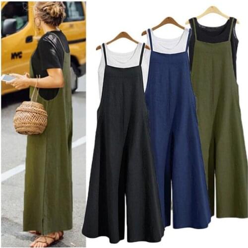 Plus Size S-5XL Women Cotton Pocket Long Wide Leg Romper Strappy Dungaree Bib Overalls Casual Loose Solid Jumpsuit