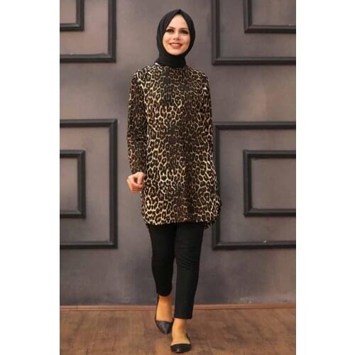 Womens Brown Leopard Pattern Hijab Tunik
