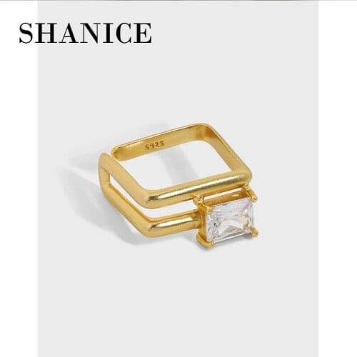 SHANICE S925 Sterling Silver Open Ring CZ Crystal Geometric Square Adjustable Opening Rings for Women Wedding Party Jewelry