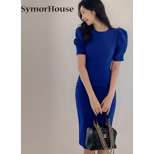Brief Style Formal Office Lady Work Dress Elegant Blue Solid Color Puff Sleeve lace up Slim Pencil Dresses Spring Summer