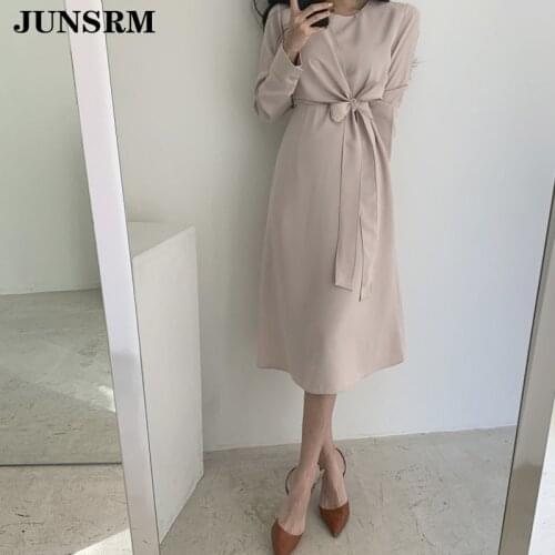 Women Simple Temperament Dress Retro Long Sleeve Lace-Up Vestidos Ladies Summer Elegant Cotton Autumn Dresses Femme 2020