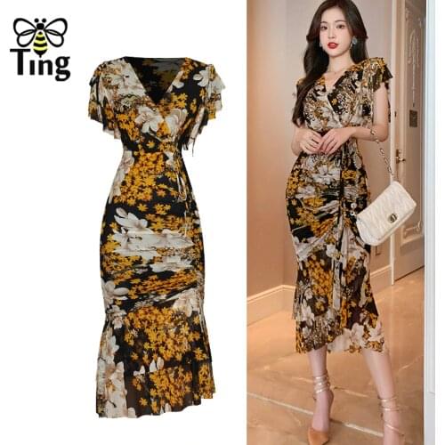 Tingfly Vintage Sexy Bodycon Floral Ruffles Midi Party Night Dresses V Neck Sheath Summer Slim Dress Elbise Boutique Robes Traf
