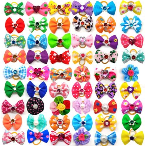 10pcs /20pcs/30pcs New Various Style Pet Dog Bows Pet Hair Bows Rubber Bands with Diamond Dog Bow Grooming Supplies Wholesale
