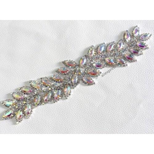 Free shipping 1pc 5.5*24.5cm long trims flower leaf AB color glass crystal rhinestone applique fur coat gown sewing decoration