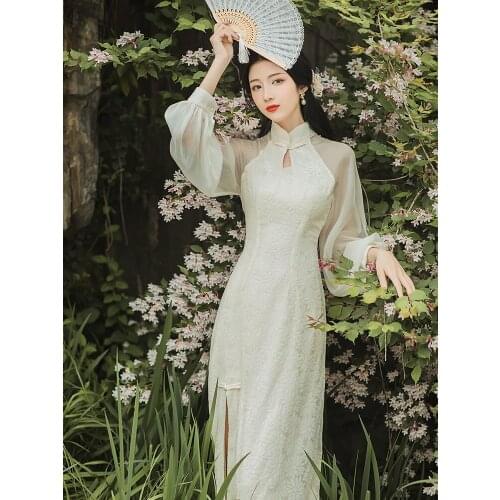 Lantern Sleeve Mesh Elegant Chinese Cheongsam Spring Autumn Vestidos Hollow Water Drop Dishes Stand Collar Slim Sexy Split Dress