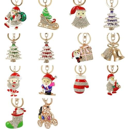 Enamel Christmas Tree boots Santa Claus Keyrings Red Star Crystal Key Holder Chains Purse Bag Pendant For Car Keychains Gift