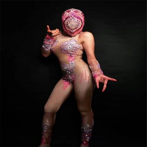 F85 Pink sexy singer jumpsuit dj stage wears bodysuit party outfit clothe bar performance models wears ballroom dance costume ds
