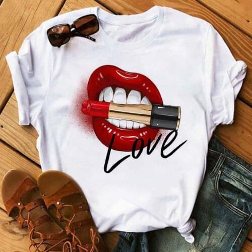 Kawaii Red Mouth Lip Love Print T Shirts Women Casual T Shirt Gift 90s Lady Yong Girl Summer Top Tee Korean Style Tshirts