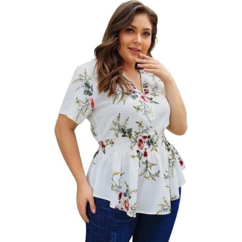 Summer Flower Plus Size 3XL 4XL Blouse Ladies Tops Floral Short Flare Sleeve Loose Flower Printed Striped Shirt Women CL251