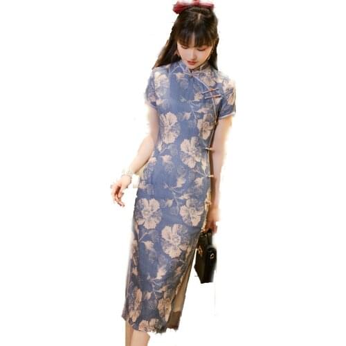 Syoovaa Modified Version Cheongsam Dress Retro Elegant Etched Bone Light Mature Chinese Wind Medium Length Dress