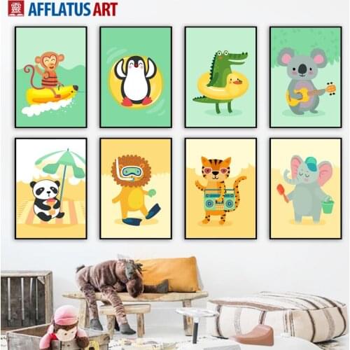 Cartoon Lion Panda Tiger Monkey Elephant Nordic Posters And Prints Wall Art Canvas Painting Nursery Wall Pictures Kid Room Decor