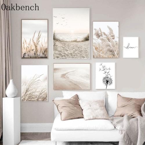 Landscape Canvas Prints Sea Beach Poster Reed Dandelion Wall Art Painting Beige Drawing Print Nordic Pictures Modern Room Decor