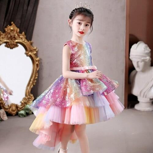 Girl dress fashion sweet tail rainbow sequin dress cake net yarn princess dress stage costume wedding party dress children dress