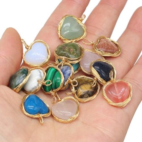Natural Stone Pendants Gold Line Winding Heart shape Semi-precious Charms for jewelry making DIY necklace bracelet accessories
