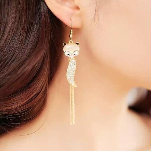 Ear Clip Drop Oil Fox Tassel 925 Earrings Opal Long Ins Retro Exaggerated Earrings Temperament Four-leaf Clover Cute Earrings