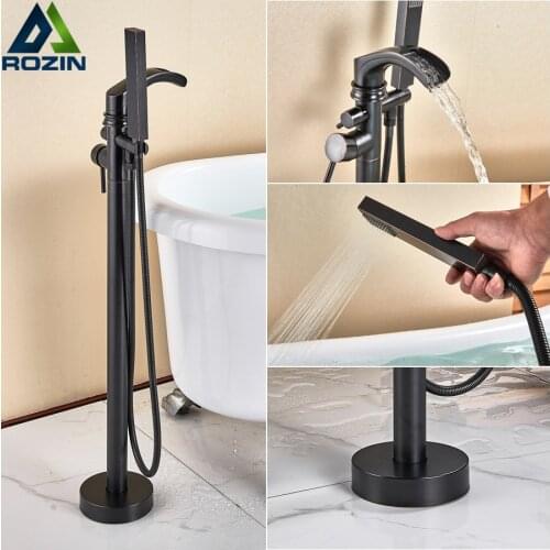 Black Bronze Waterfall Bathtub Faucet Single Handle Freestanding Tub Mixer Tap Floor Mounted Bath Shower Set with Handshower