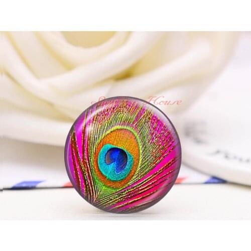 Handmade Round Peacock feathers photo glass Cabochons, Jewelry Finding Cameo Pendant Settings, (F88-1945)