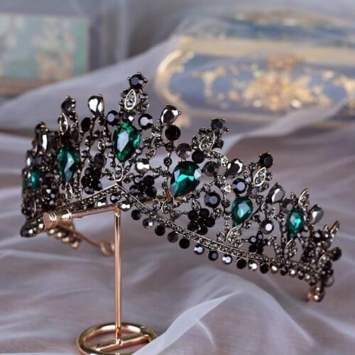 Green Queen Black Crown Crystal Tiaras Vintage Rhinestone Witch Pageant Diadem Baroque Wedding Hair Accessories Bridal Jewelry