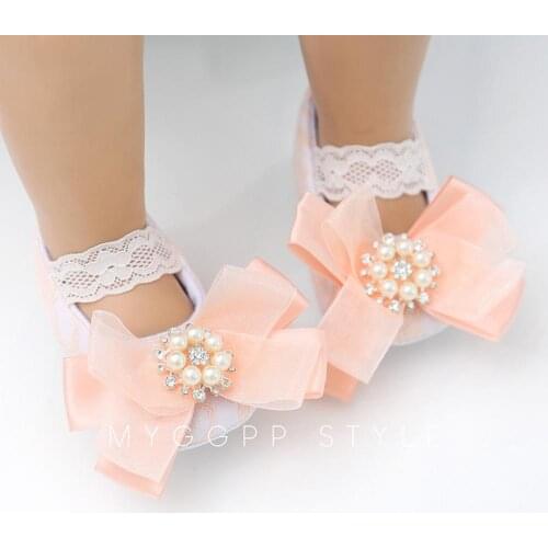 Pearl Design Newborn Baby Prewalker Soft Bottom Anti-slip Shoes Footwear Baptism Princess Girl Crib Big Bow Shoes