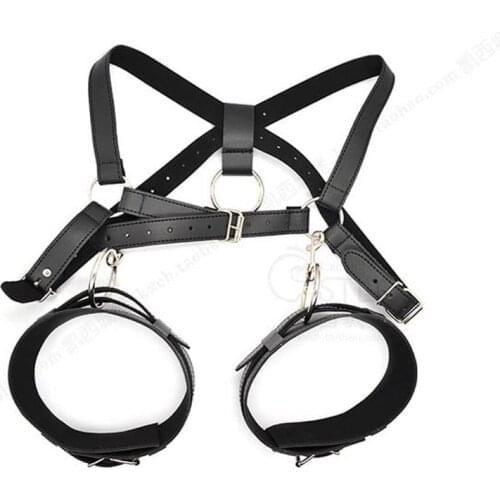 Female PU Leather Bondage Fetish Sex Cuffs Open Leg Harness Forced Orgasm Belts Thigh Sling with Arm Restraints