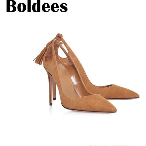Boldee Fashion Women Pumps Women Shoes Tassel High Heels Cut Outs Shoes Summer Pointed Toe Sapato Femininos Plus size 43