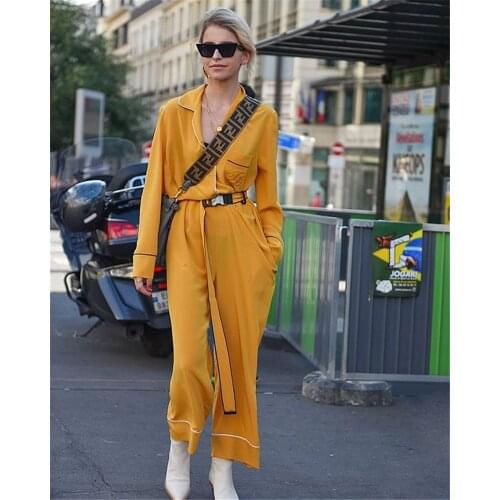 AEL Ginger Yellow Loose Satin Lace Up Lady Jumpsuit Contrast Colors Lapel Fashion Blogger Custom Women Clothing