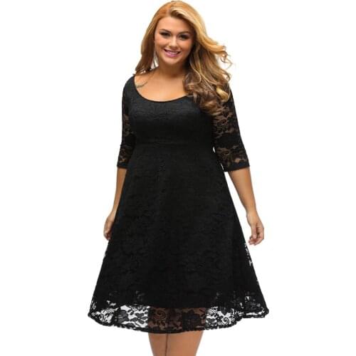 Women Plus Size Lace Dress Floral O-Neck A-Line Three Quarter Sleeves High Waist V Zipper Back Party Dress Elegant Dress Female