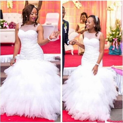 South African Wedding Dresses Sheer Crew Neck Sleeveless Floor Length Tulle Ruffles Beads Vestido de novia Wedding Gowns Bridal