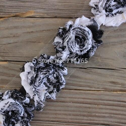 1 Yard DIY black/white Peacock shabby flower Paisley Chiffon Flower Shabby Rose Trim for hair accessories 059