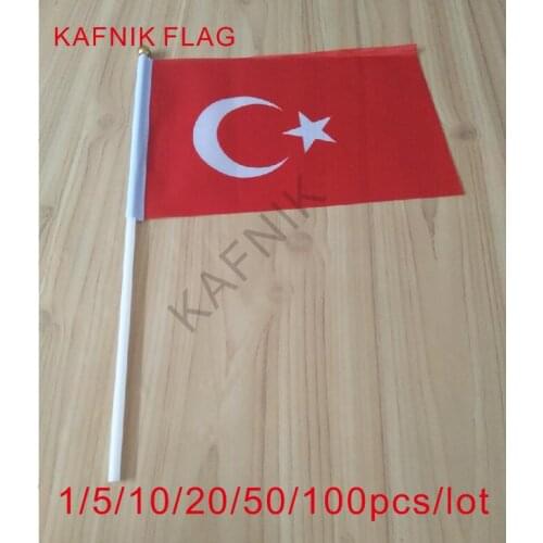 KAFNIK ,10/20/50/100pcs Turkey Fabric Flags 14*21CM with Plastic Hand Held