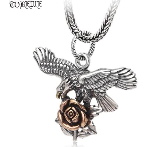 100% 925 Silver Eagle Pendant Necklace Hiphop Eagle Rose Flower Pendant Necklace Rock Necklace Eagle Pendant