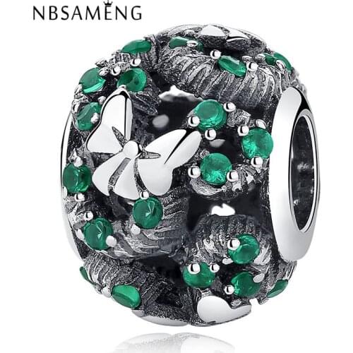 New 925 Sterling Silver Charm Bead Green Clear Crystal Bow Hollow Round Beads Fits Original Bracelets DIY Jewelry