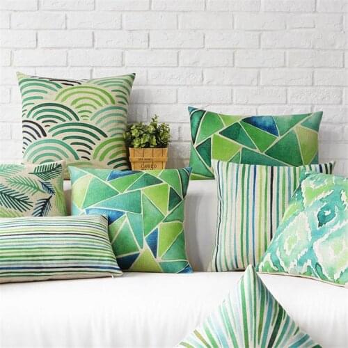 Nordic Green Pastoral Geometric Decorative Sofa Throw Pillows Greenish Triangle Wave Leaf Strip Color Painting Cushion Covers